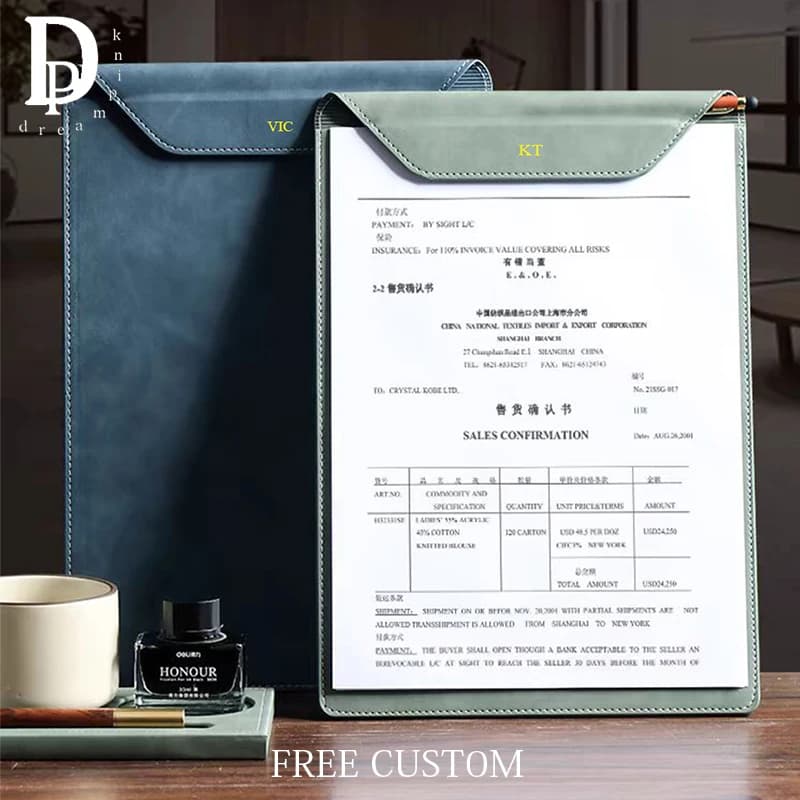 Business Leather A4 Paper File Folder Clipboard Custom Logo Wholesale Office Meeting Record Magnet School Pen Slot Folder Clip
