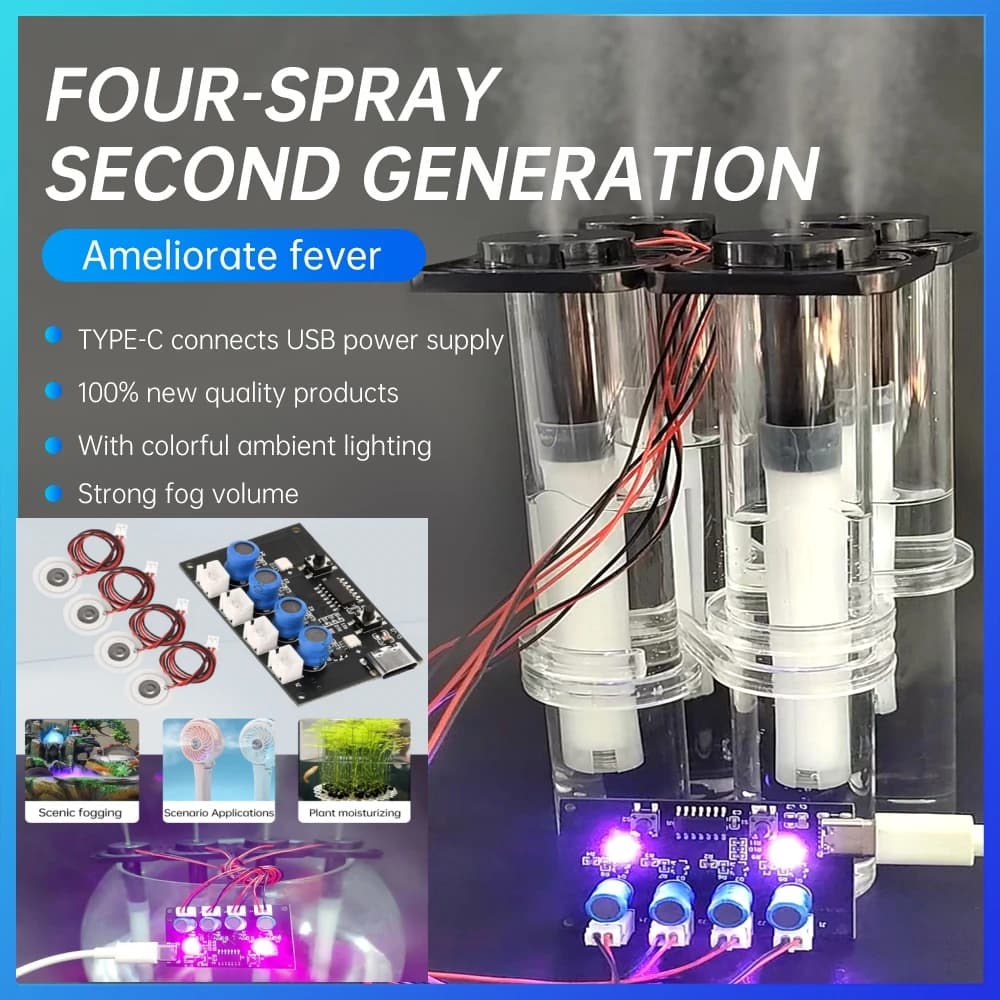 DC5V four spray second-generation humidifier with colorful ambient lighting, DIY atomization control board, ultrasonic atomizer