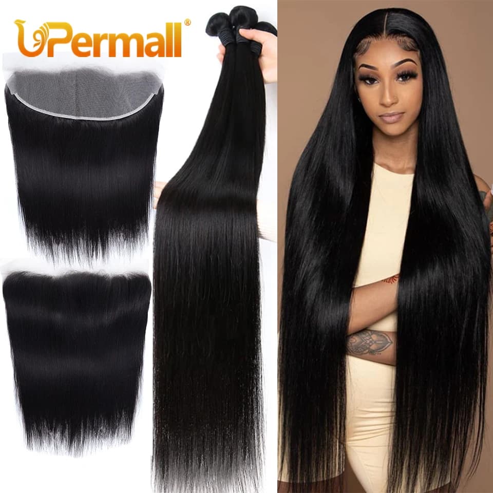 Upermall 2/3/4 Remy Straight Human Hair Bundles With Frontal Brazilian Transparent Pre Plucked 13x4 Lace Closure and Bundle 10A