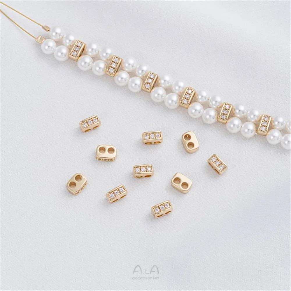 14K Gold Inlaid Zirconium Pig Nose Double Hole Spacer Handmade String Bracelet Separated Pearl Jewelry Accessories C344