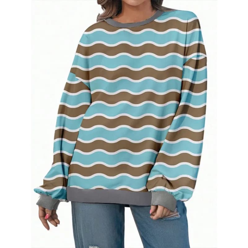 Plus Size Women's Fashionable Serrated Striped Printed Long Sleeved Round Neck Pullover for Casual Commuting