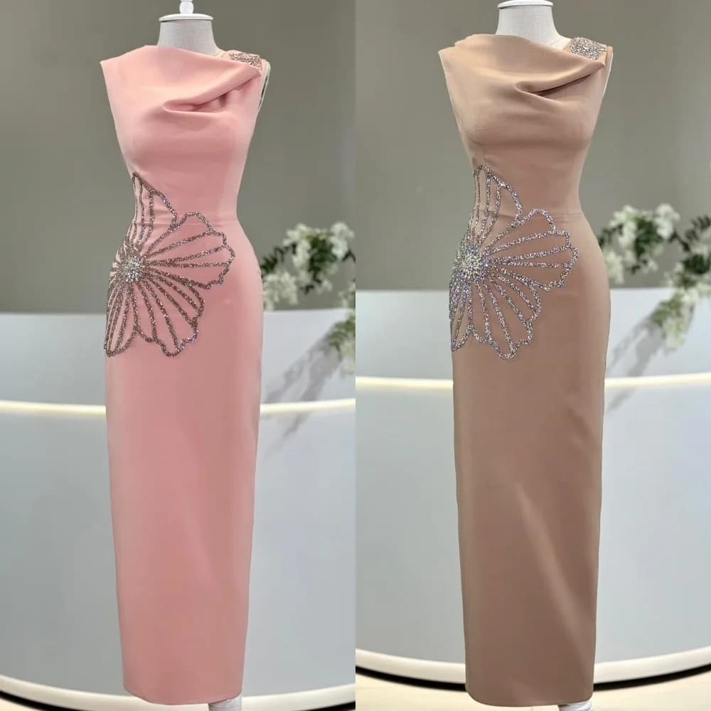 Customized Sparkle Exquisite Jersey Pleat Flower Beading Sequined Straight High Collar Midi Dresses Bespoke Occasion Dresses