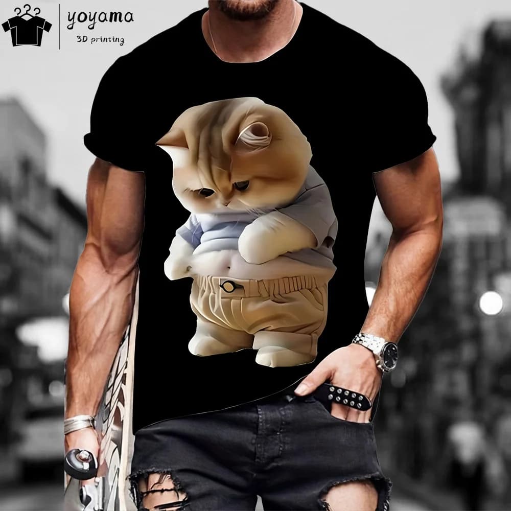 Funny Fat Cat Graphic T shirts Street Fashion Short Sleeve Tee Animal Print T shirt Men Casual Oversiezd T-shirt Mens Clothing