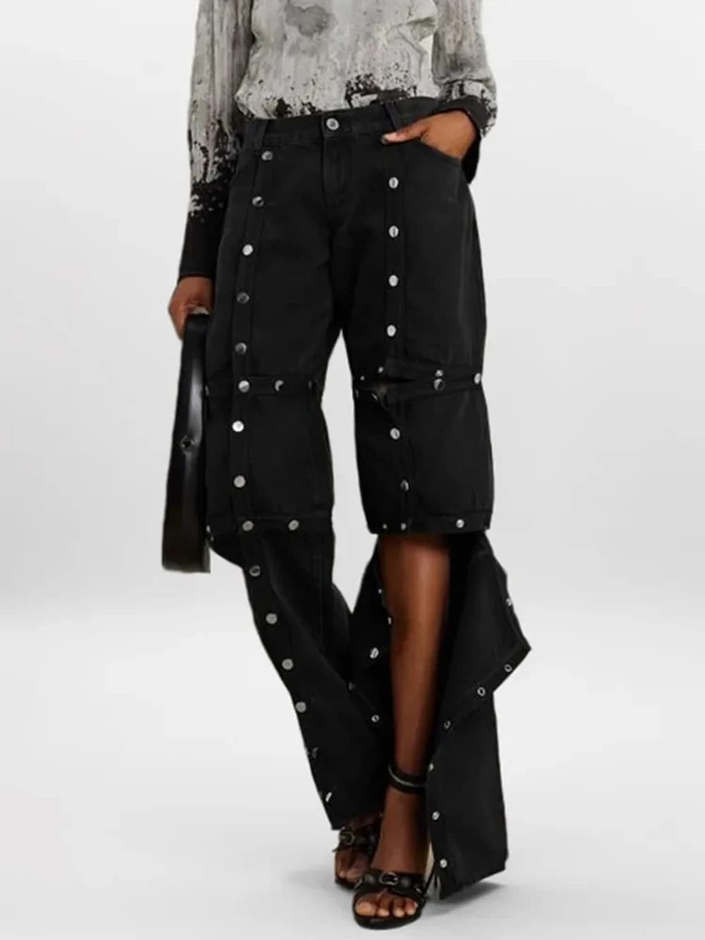 Modphy Wide Leg Black Jeans For Women High Waist Detachable button design Denim Pants Straight Jean 2024 Fashion Denim Trousers