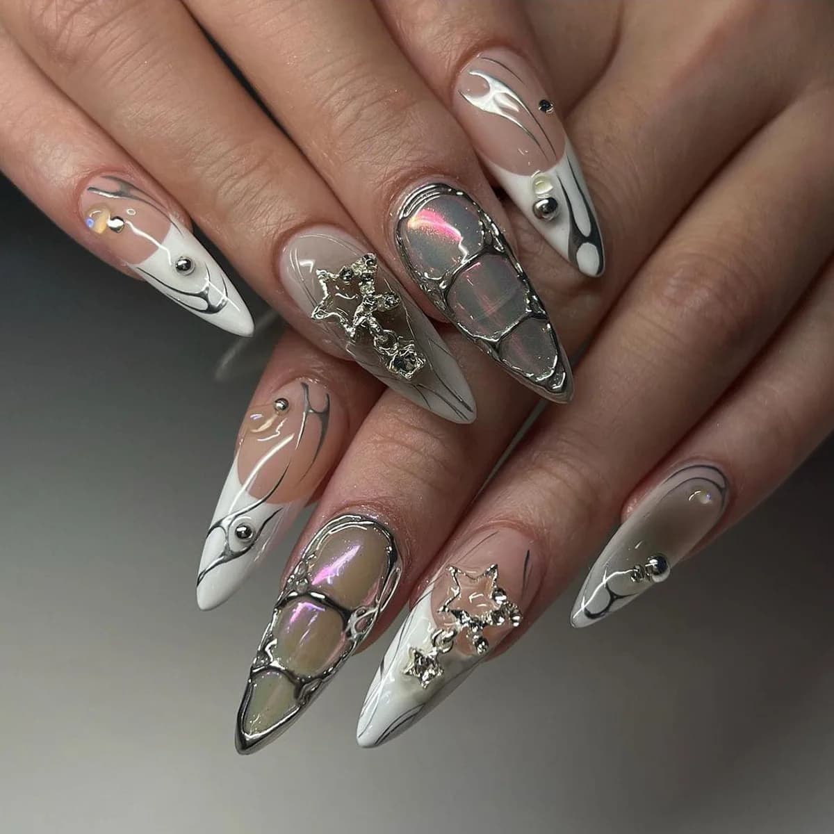 Rhinestone Stars Silver Flame White French Almond Shape False Nails Detachable Finished Fake Nails Press on Nails with Glue