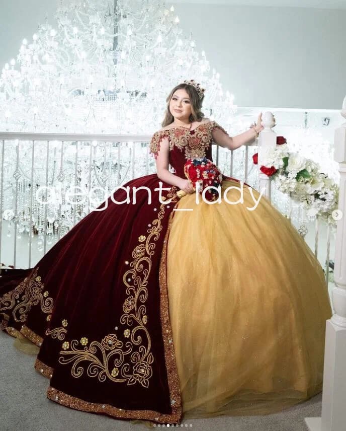 Burgundy Gold Charro Princess Quinceanera Dresses Sparkly Applique Lace-up Corset vestido de 15 años quinceañera customsized