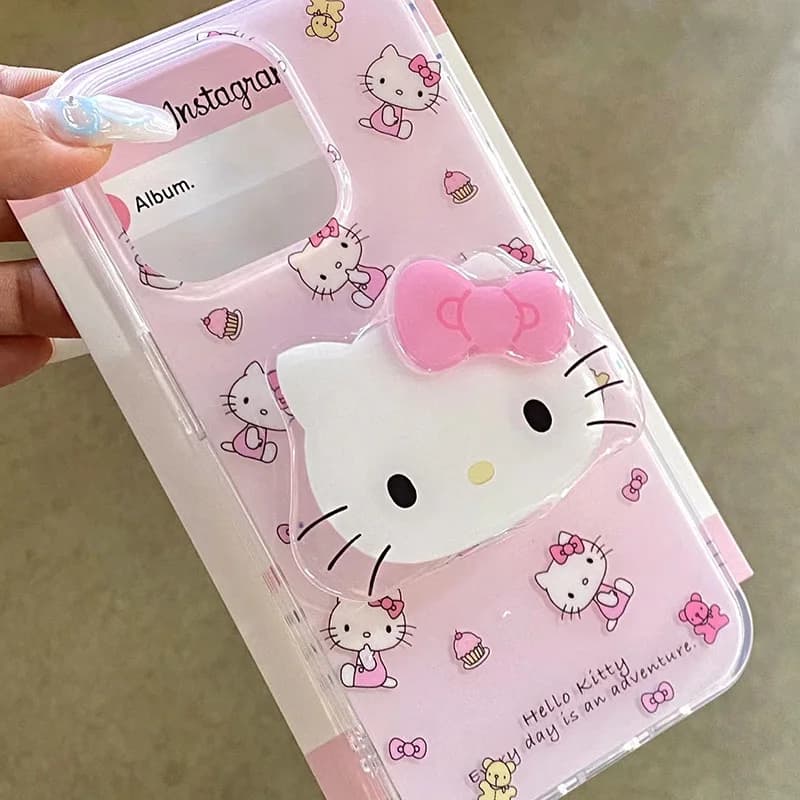 Cute Pink Cartoon Hello Kitty Cat Bracket Anti-drop Phone Case For iPhone 13 12 14 15 Pro Max Luxury Soft Protect Cover