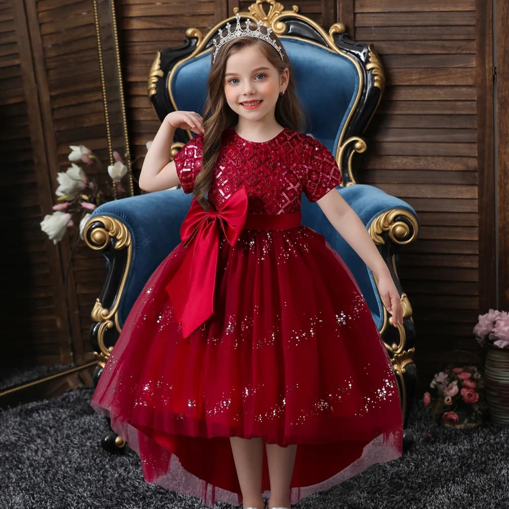European Style Flower Dresses For Girls Of 10 Year Shiny Girl Wedding Dress With Big Bow Sequin Long Tail Wedding Dress