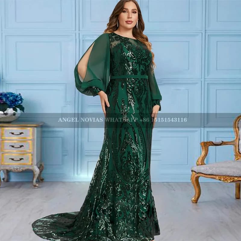 Long Sleeves Plus Size Green Lace Mother of the Bride Dress Wedding Party Dress Robes Invitee Mariage