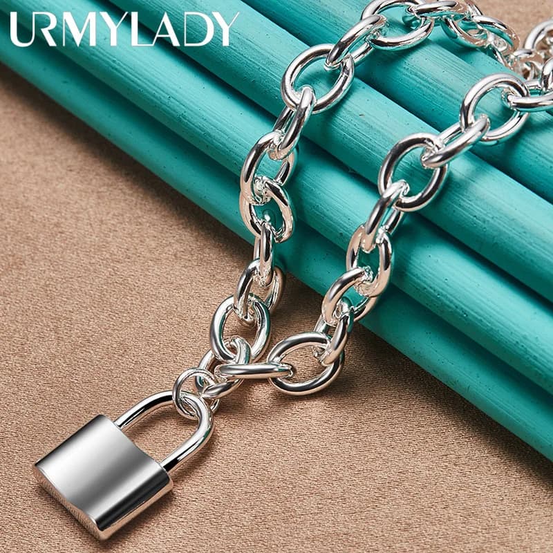URMYLADY 925 Sterling Silver Lock 18 Inch Pendant Necklace For Women Wedding Party Fashion Jewelry