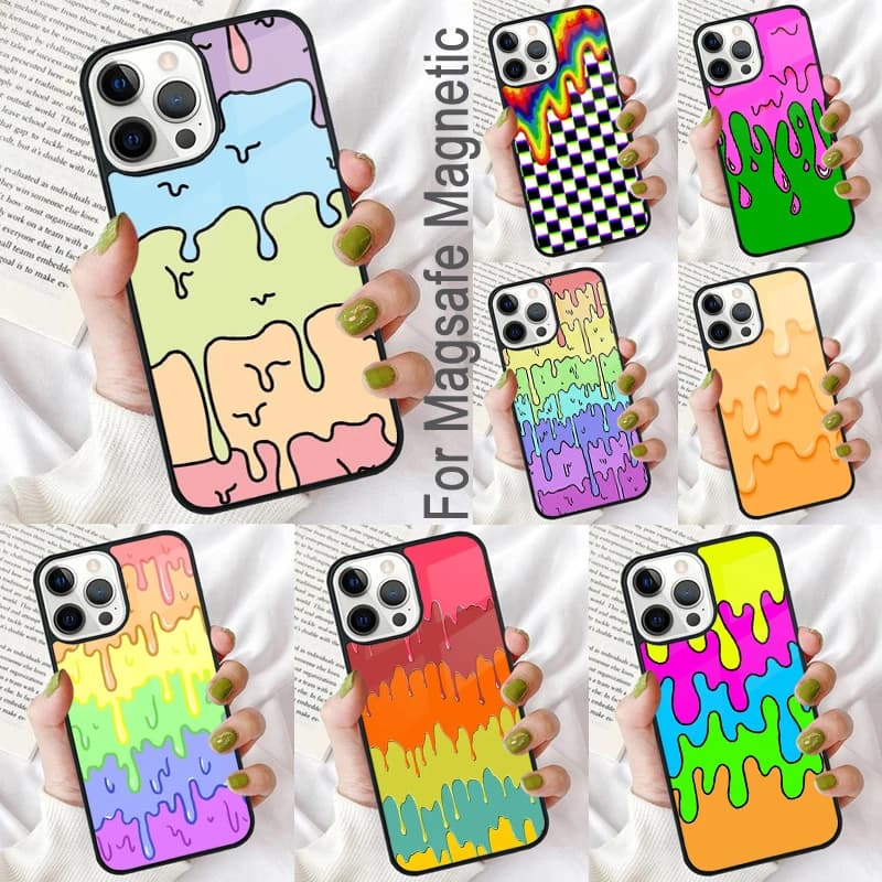 Pastel Melting Rainbow Dripping Magnetic Soft Phone Case for iPhone 16 Promax 15 Pro 13 14 Plus 11 12 Mini MagSafe Coque