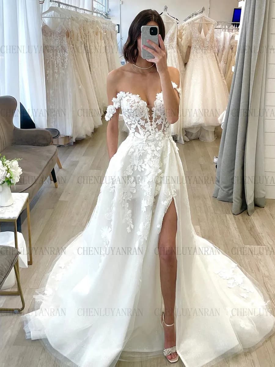 Bohemia Ivory Wedding Dresses Applique Off-Shoulder Long Bride Dresses Side Split Sexy Dresses Women Robe De Mariée EBG980011