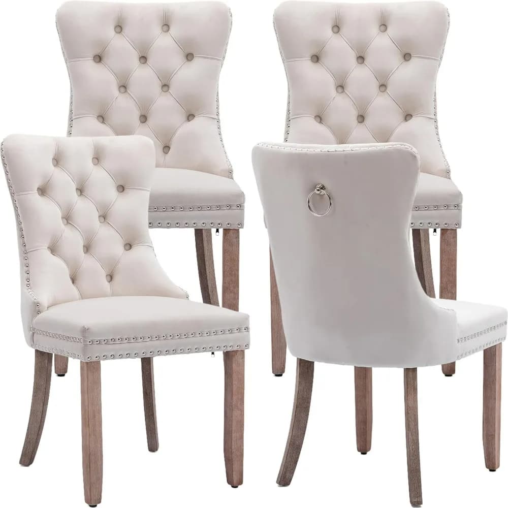 Beige Velvet Dining Chairs Set of 4, Kitchen & Dining Room Chairs Set of 4, Tufted Dining Chairs, Velvet Upholstered