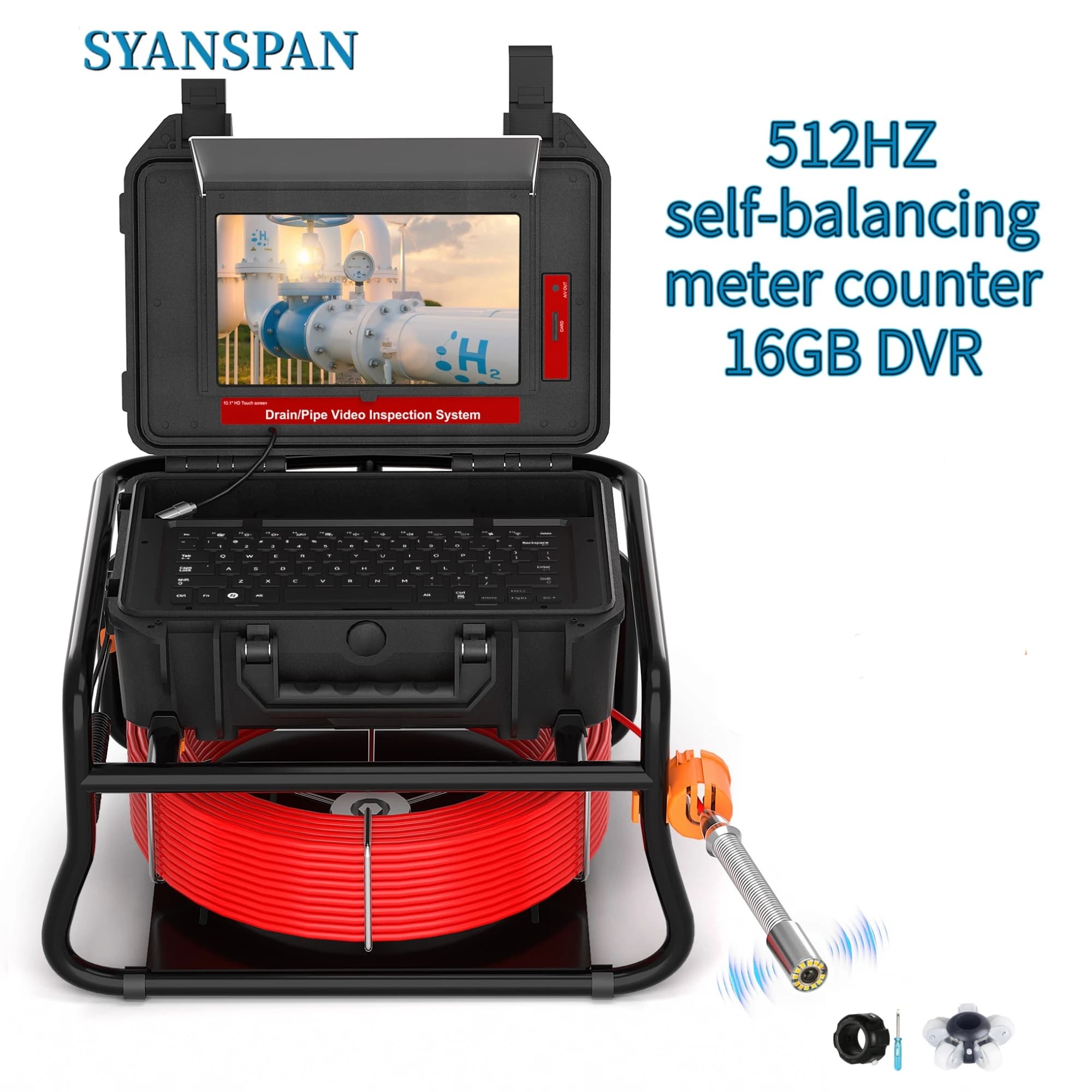 SYANSPAN 512HZ Sonde Self-leveling Pipe Inspection Camera 10.1inch 1080P Screen Drain Sewer Endonscope 7MM Cable Meter Counter