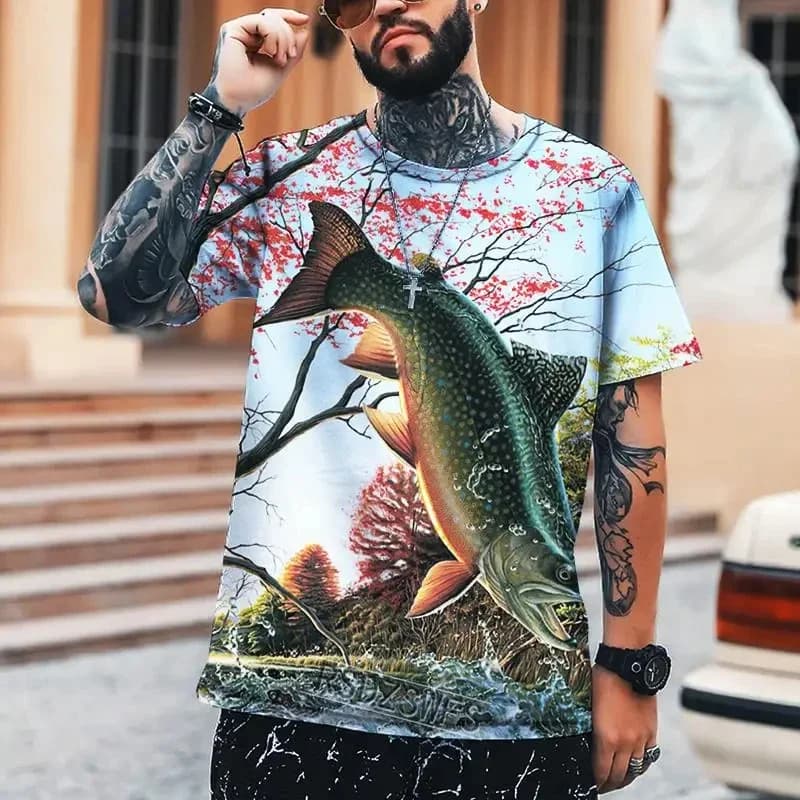 3D Printed Animal Fish Summer Men's T-shirt Outdoor Fishing Essential Sports Leisure Short Sleeve Round Neck Oversized Top