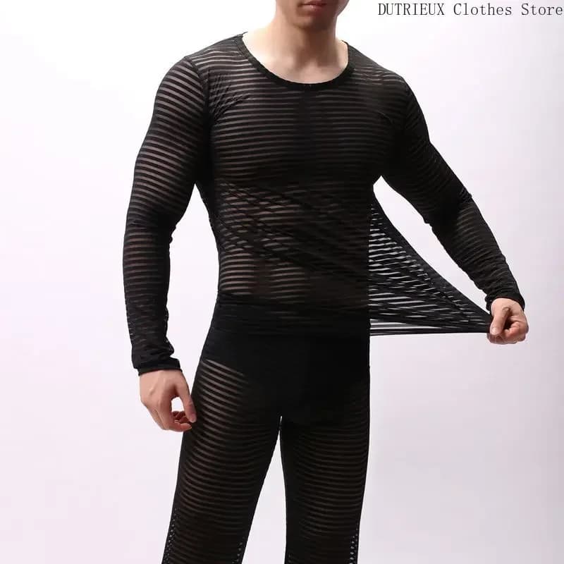 Sexy See-through Men's T-shirt Horizontal Stripes Elastic Tight Transparent Long Sleeve T-shirt Men Bar Club Party Clothing Top