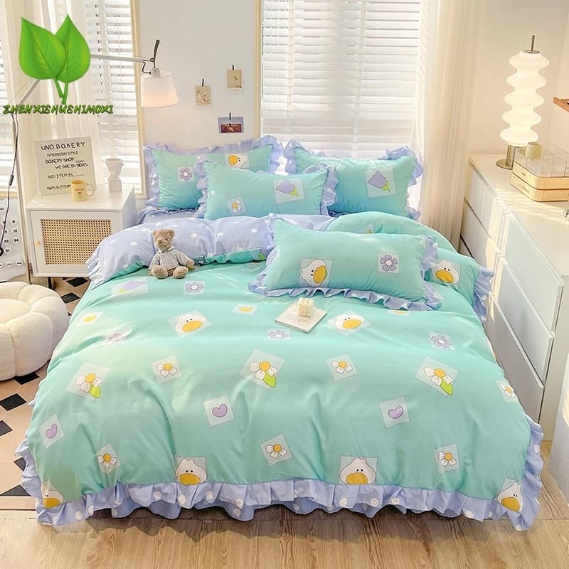 Korean Style Bedding Sets Boys Girls Queen King Size Duvet Cover Bed Skirt Pillowcase 4pcs Sets Kids Adults Fashion Home Textile