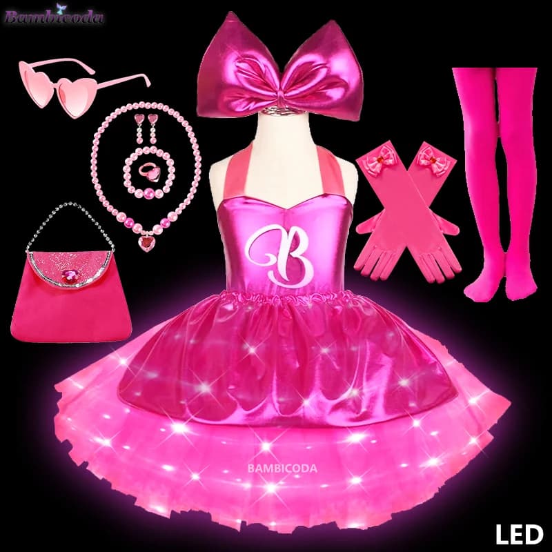 Movie Margot Princess Barbi LED Light Up Costume Starry Pink Vest Dress Suit For Kids Girls Halloween Birthday Party Pink Dress