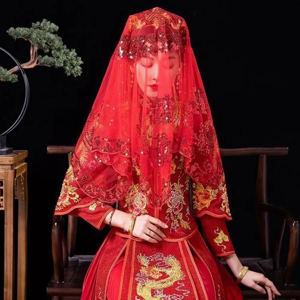 Wedding Head Covers Phoenix Wedding Accessories Red Veil Ancient Lace Veils Chinese Wedding Headwear Bridal Headwear Bride Veil