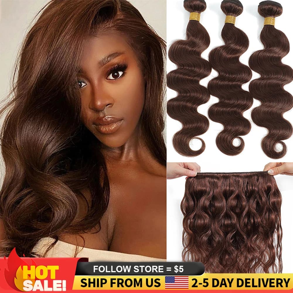 #4 Brown Body Wave Human Hair Bundles Weave Brazilian Hair Bundles 1/3/4 PCS Bundles Weft 100% Virgin Raw Remy Hair Extensions