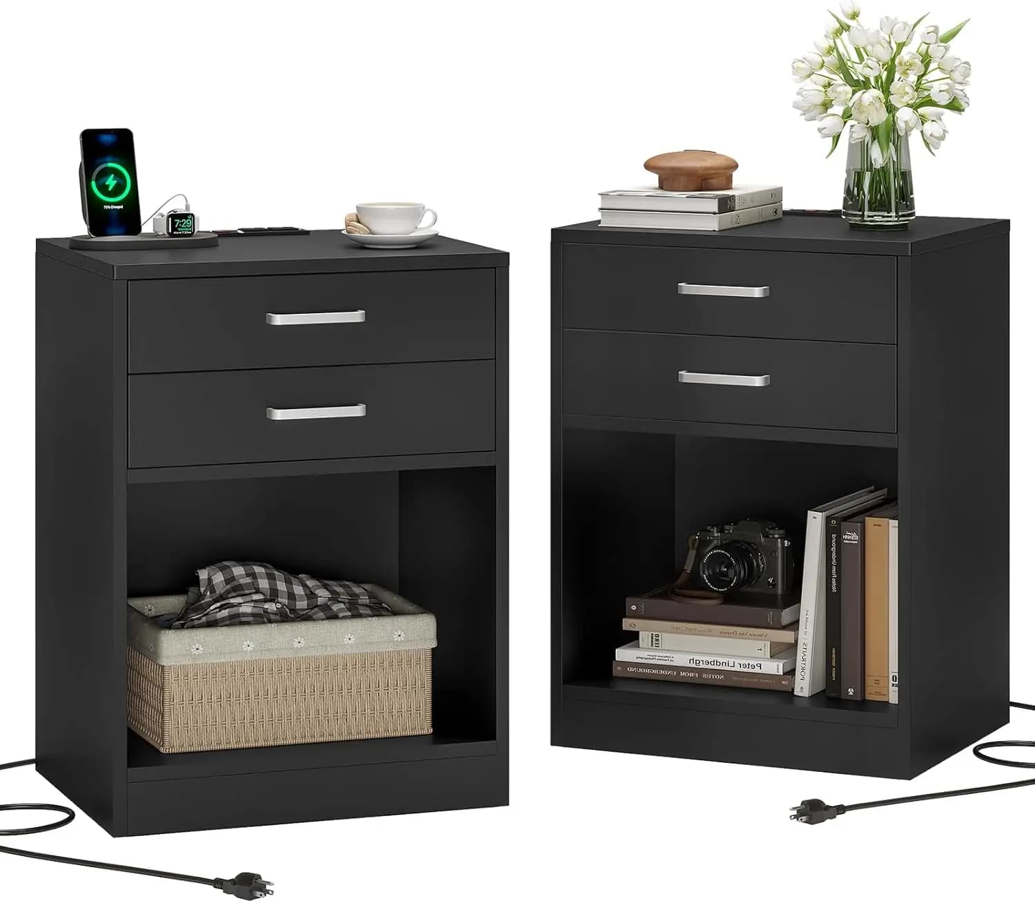 Night Stand Set 2,Black Nightstand with Charging Station & Drawers,Night Stands for Bedrooms Set of 2,Bedside Table wit