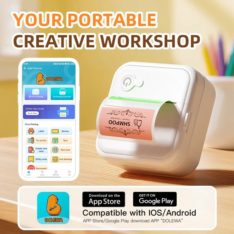 DOLEWA D8 Portable Mini Printers Wireless Bluetooth Inkless Sticker Maker Printer Tag Price Machine for Office School Kitchen