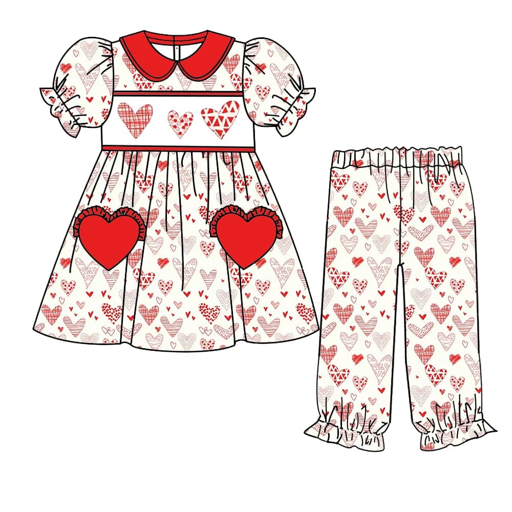 New Valentine's Day style girls' pajamas set with puff sleeves, trousers and pajamas, red heart pattern, milk silk fabric