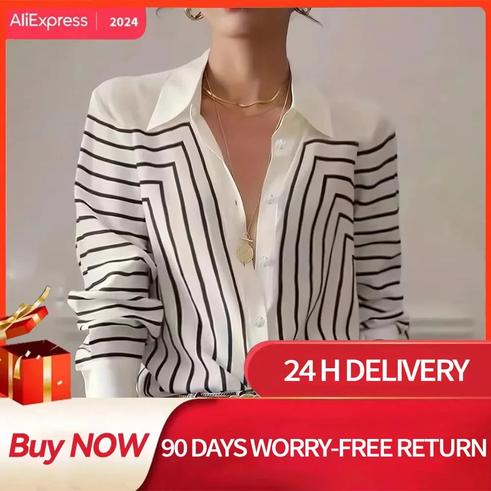 2025 Spring Summer Women's Oversized Shirt Blouse-Black & White Linear Print Button Down Tops,Casual street style Stretch Blouse