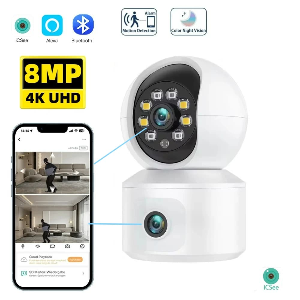 ICSEE 4K 8MP Dual Lens 2K 4MP Wifi IP PTZ Dome Indoor Auto-Tracking Two Way Audio Security Surveillance Color Night Vision FHD