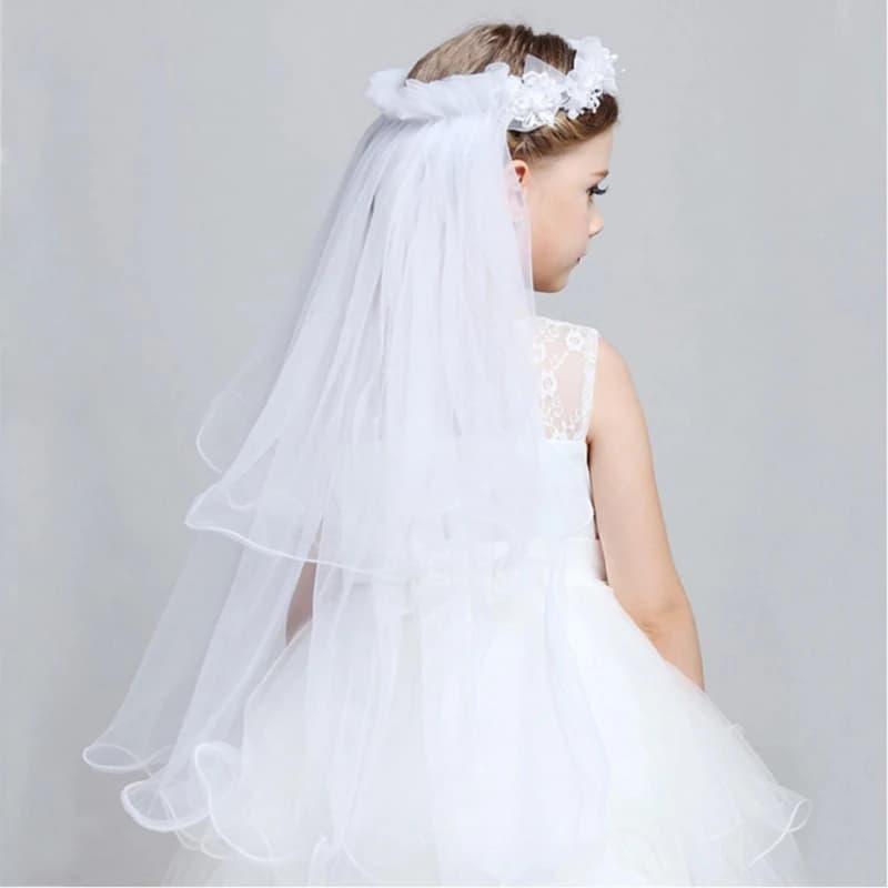 Children Little Princess Hairband Double Layers Tulle Bridal Veils Flowers Garland Ruffles Floral Lace Wedding Party Wreath NEW