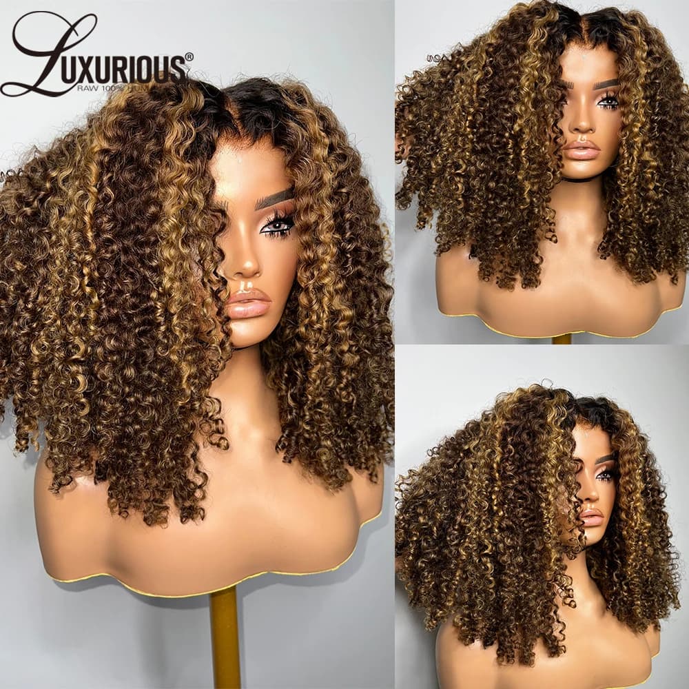 Highlight Ombre Honey Blonde Human Hair Wigs For Women 13x4 Curly Lace Front Wig Human Hair Burmese Curly  Wig Brazilian 250%