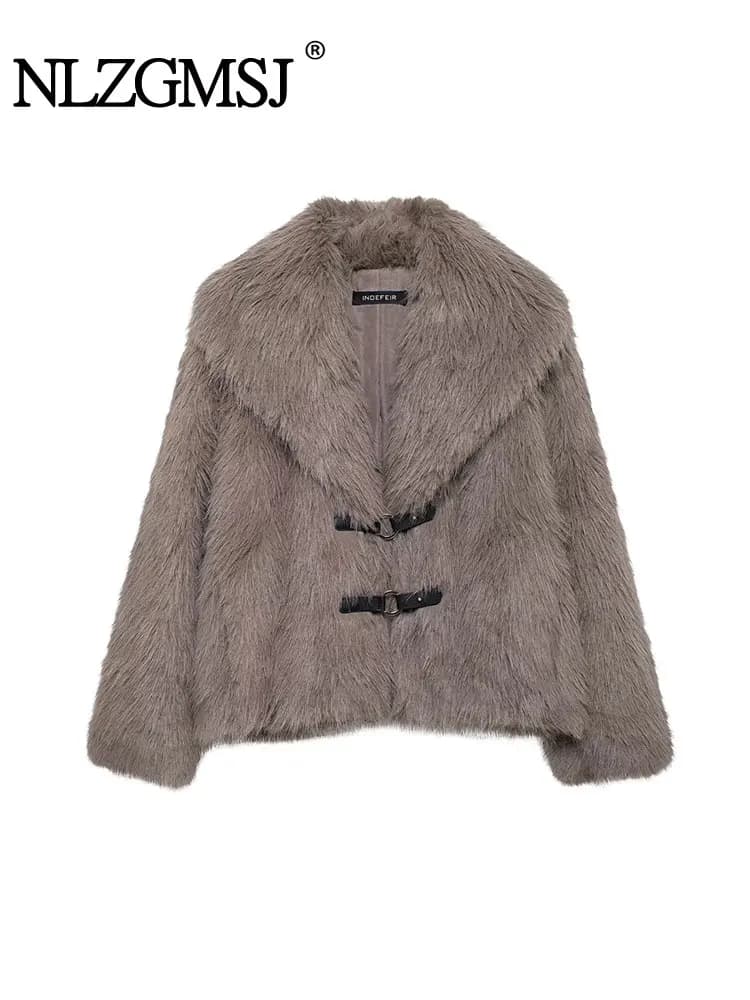 TRAF 2024 Winter Woman Faux Fur Coat Women's Cropped Jacket Long Sleeve Thick Warm Coat Chic Fashion Outerwears