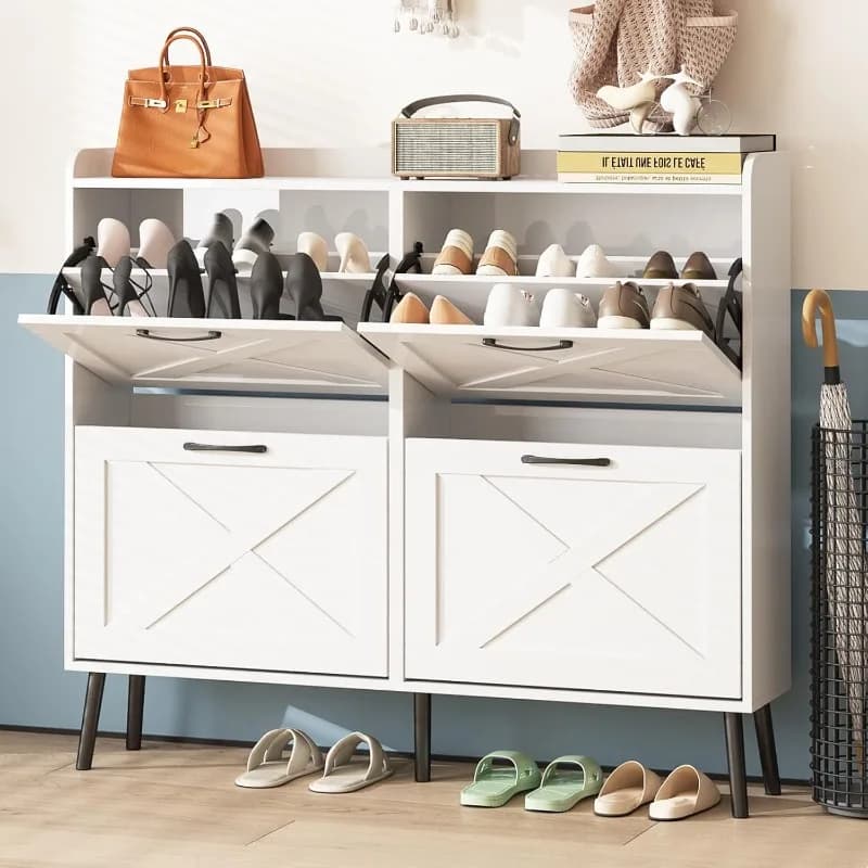 Large Shoe Cabinet with 4 Flip Drawers, Freestanding Shoe Cabinet Organizer with Metal Drawer Bracket,5 Sturdy Legs, White
