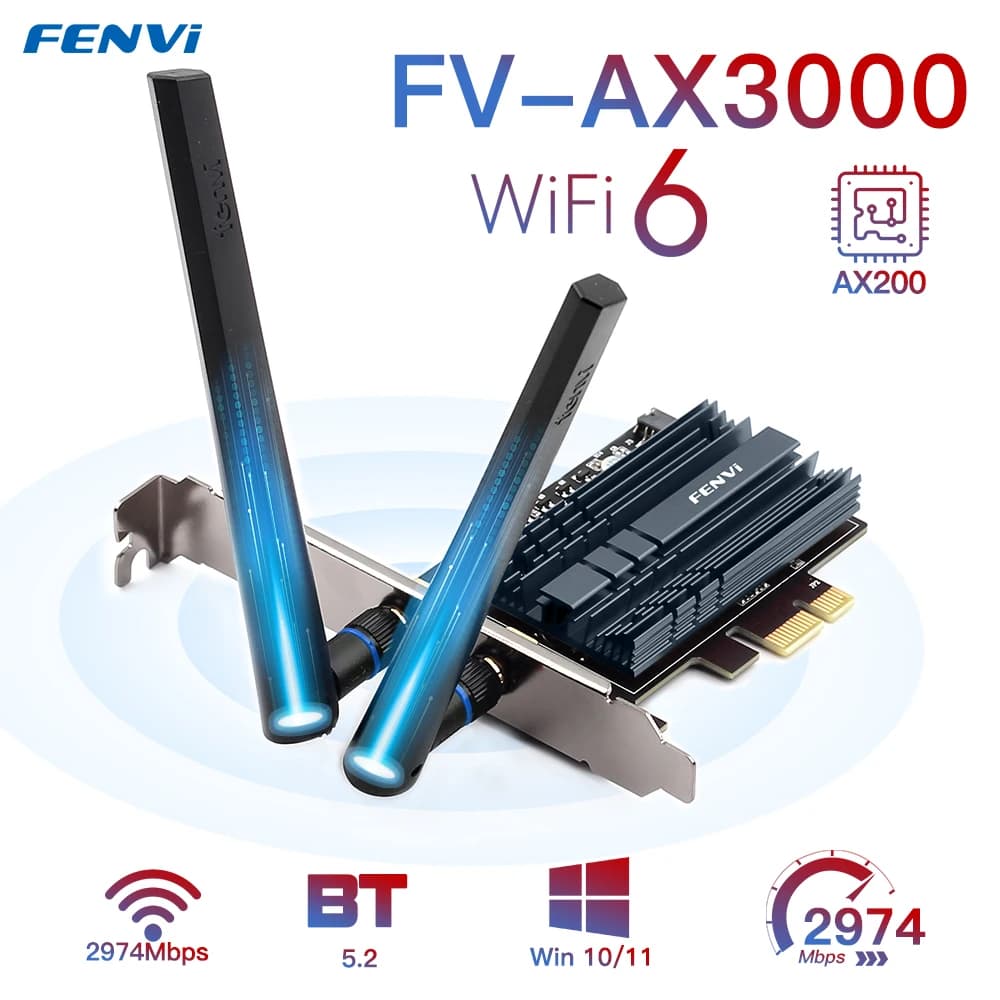3000Mbps FV-AX3000 Wi-Fi 6 AX200 Wireless PCIe For Bluetooth 5.2 802.11AX 2.4G/5Ghz WiFi Adapter Wi-Fi Card PC Win10/11 MU-MIMO