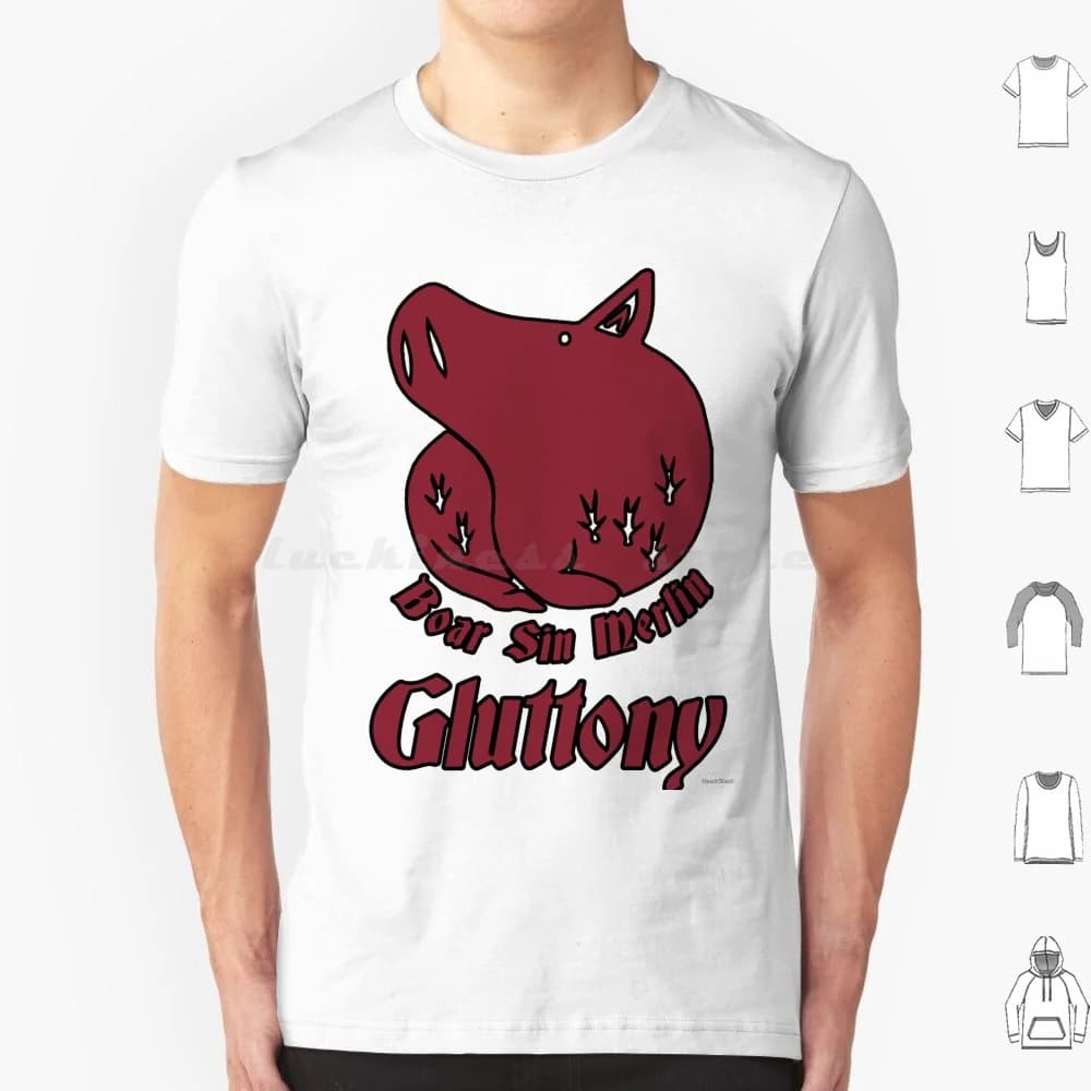 Merlin Boar Sin Of Gluttony T Shirt Big Size 100% Cotton Sins Boar Sin Crimson Boar Lady Merlin Mage Gluttony Holy Knights 7
