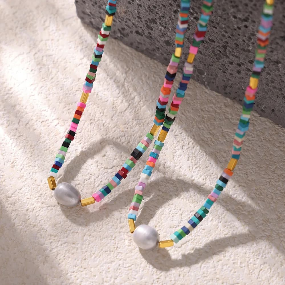 Bohemia Fashion Necklace for Women Nature Stones Stainless Steel Pearl Pendant Beaded Charm Not Fade Jewelry Wholesale