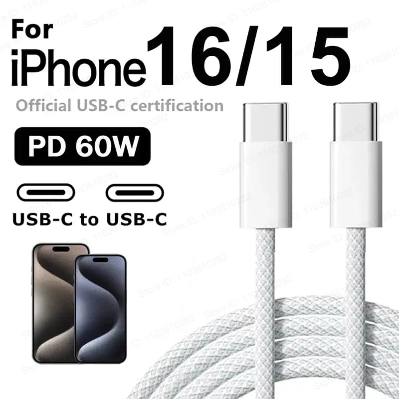 Original 60W PD USB-C to USB C Fast Charger Cable For Apple iPhone 16 Pro Max 15 Plus Type C Quick Charging For Xiaomi Samsung