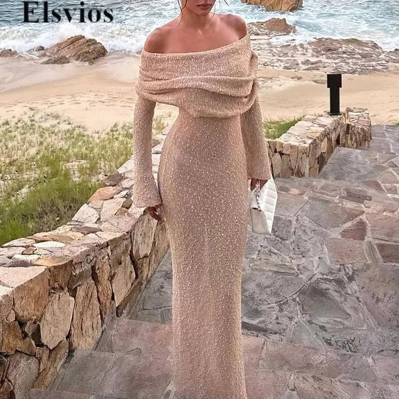 Sexy Bodycon Long Sleeve Knitted Winter Dress Elegant Autumn Solid Bag Hip Long Dress 2024 Women One Shoulder Shawl Party Dress