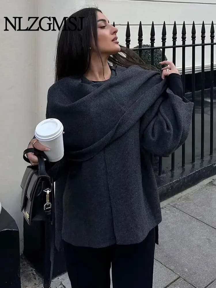 NLZG 2023 Winter Female Scarf Coat Long Sleeve Knitted Asymmetric Jackets For Women Streetwear Causal Women Coats