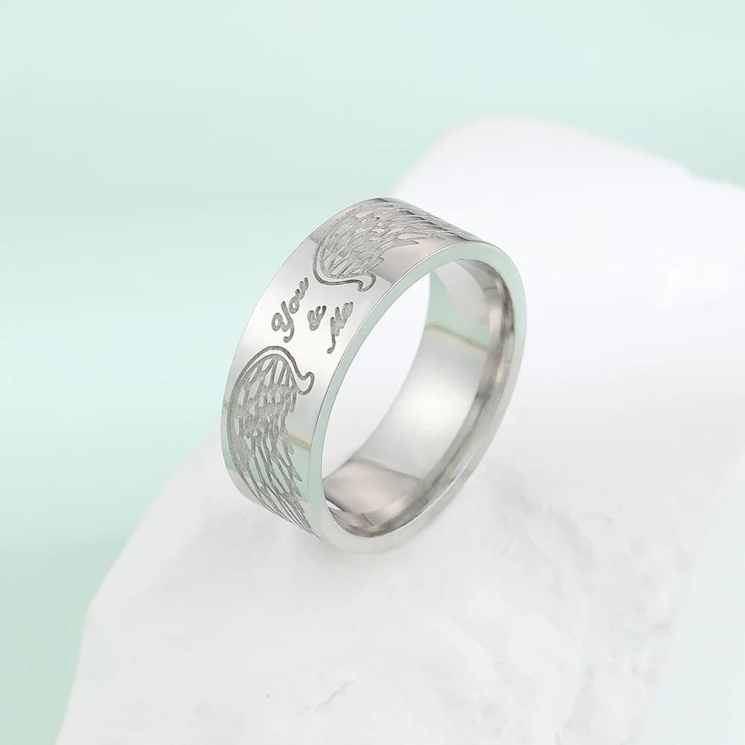 Kinitial Stainless Steel Engraved Angel Wings Women Ring You And Me Wedding Jewelry Dainty Rings Gift