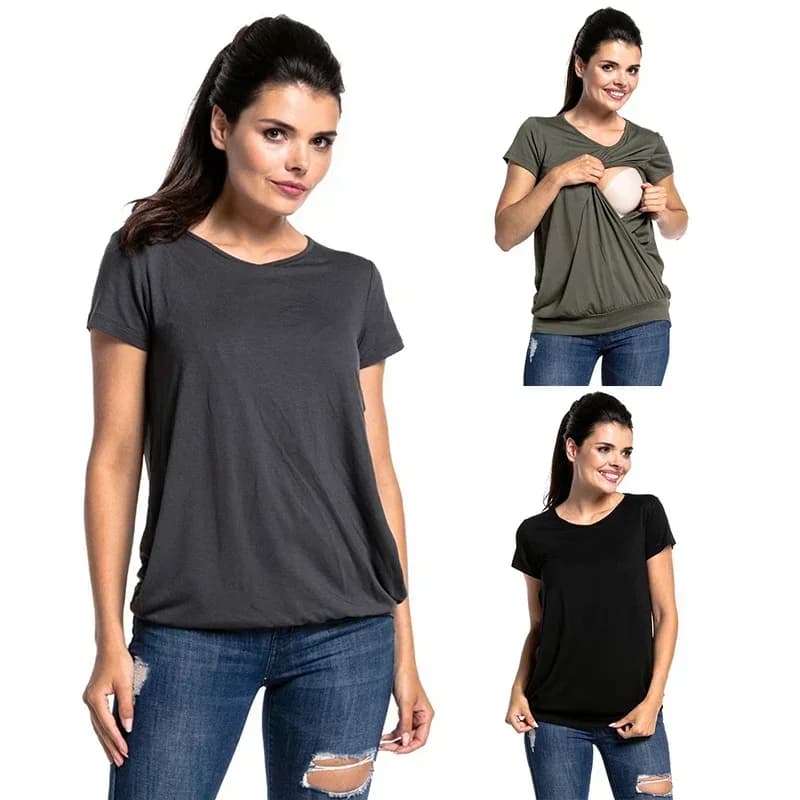 Women's Short Sleeve Pure Colour T-shirts Maternity Clothes Pregnant Blouse Nursing Tops Breastfeeding