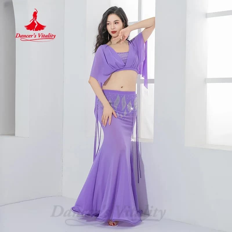 Belly Dancing Performance Suit V-neck Mesh Top+sexy Fishtail Long Skirt 2pcs Women's Oriental Dance Professional Training Outfit