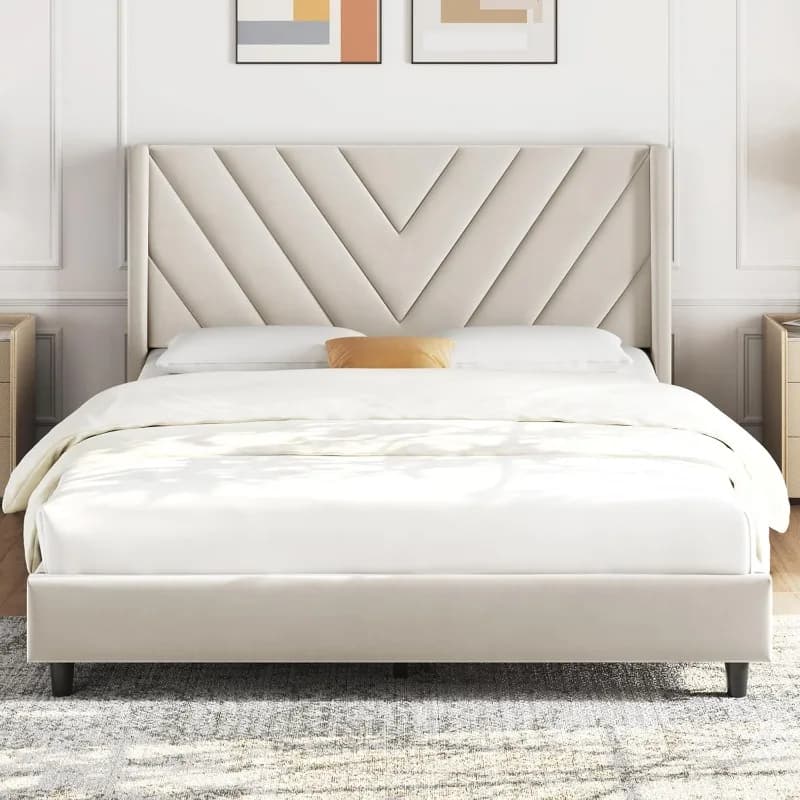 Full-size bed frame upholstered platform bed with wing-tufted headboard/sturdy wood slat support/no springs required