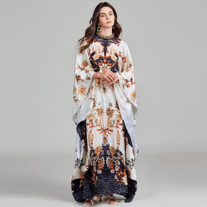 Oversized New Autumn Holiday Maxi Dress Bohemian Women Diamonds Split O Neck Batwing Sleeve Flower Printed Loose Long Clothes