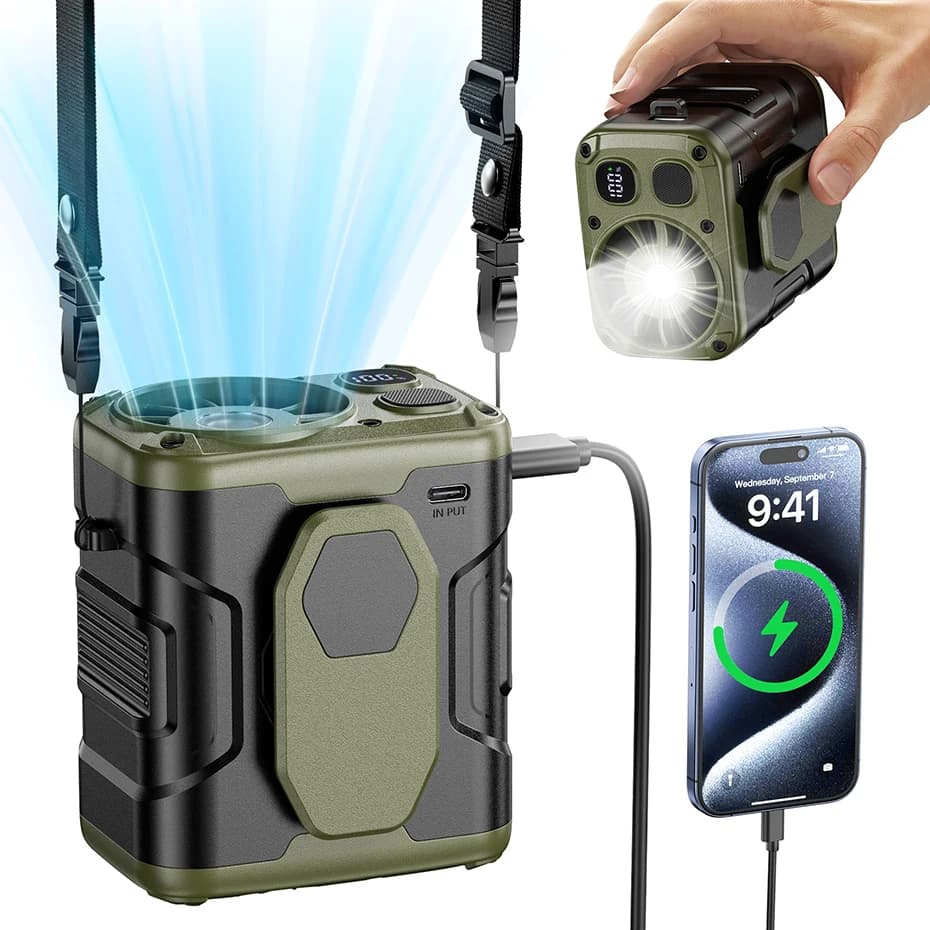 10000mAh Portable Waist Fan with Power Bank LED Lighting Hanging Neck Fan 5 Speed Strong Airflow Cooling Fan for Outdoor Working