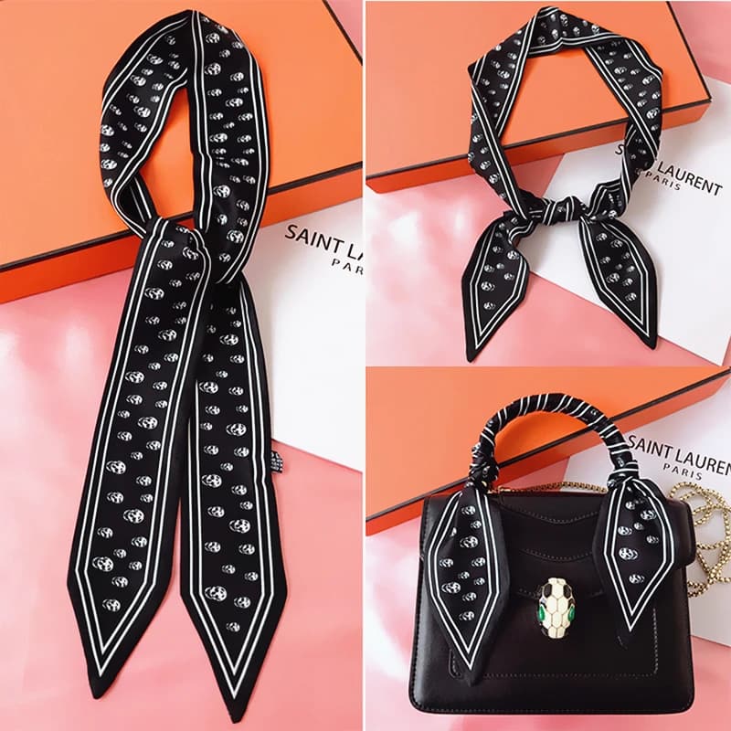 115cm Tied bag Handle silk scarf small Ribbon Twill Silk Skull Black and White Korean Version All-match Striped Small Silk Scarf
