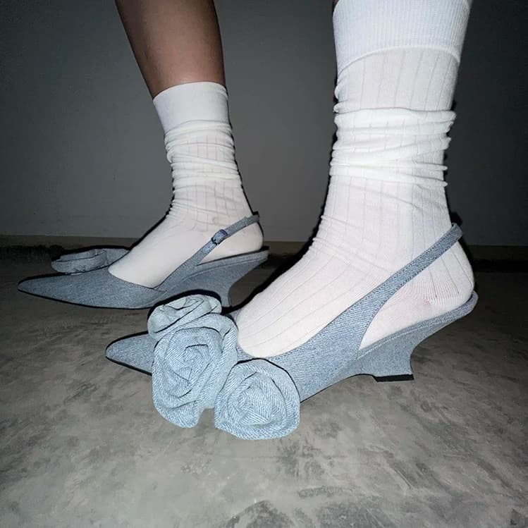 Denim Flower Wedges Sandals Pointy Toe Back Straps Fashion Women Summer Casual Shoes Sexy Lady Unique Street Dress Party Shoes