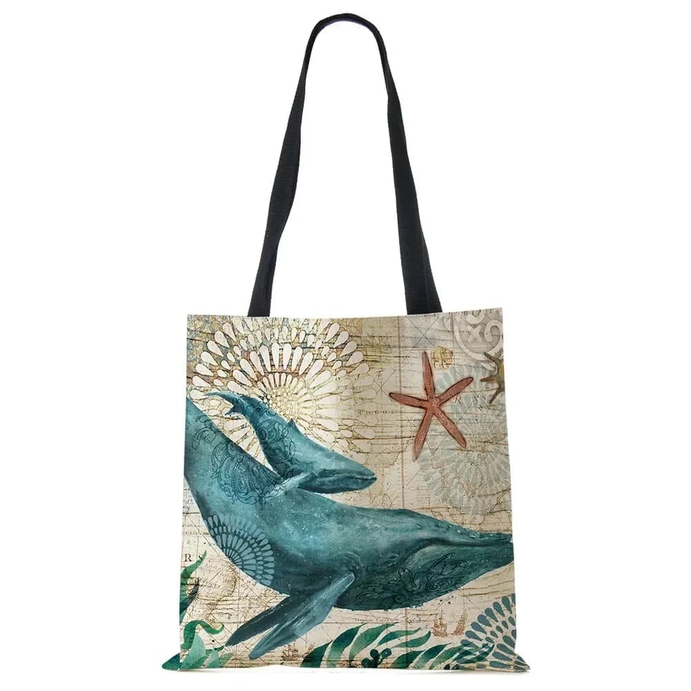 Tote Bag Seahorse Turtle Octopus Print Traveling Shoulder Bags Eco Linen Shopping Bags For Women With Print