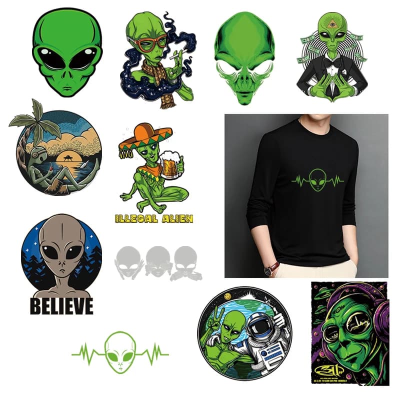 Popular new design alien print stripe children's men's and women's T-shirt sweater DIY decorative heat transfer Iron On Patches