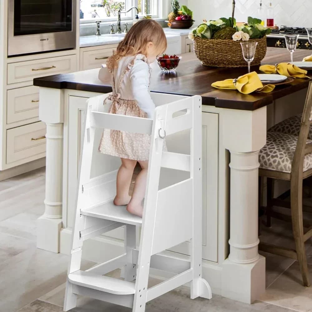 Bamboo Toddler Kitchen Step Stool White Helper Standing Tower Height Adjustable with Anti-Slip Protection for Kids Kitche